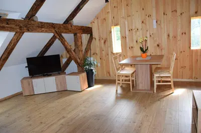 a dining room with a table and a tv in a room at Valle Divina in Mislinja