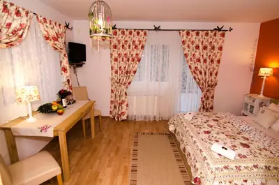 a bedroom with a bed and a desk and curtains at Villa СARPE DIEM in Laško