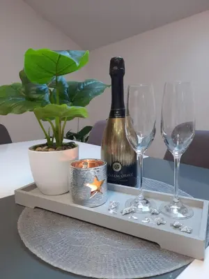 a bottle of wine and two wine glasses on a table at Green Garden House in Zreče