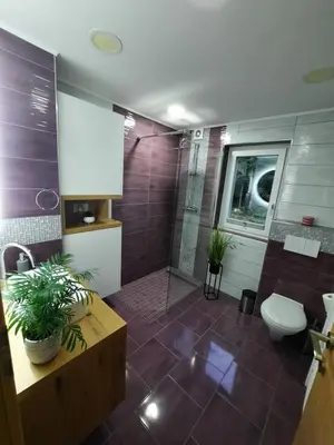 a bathroom with a shower and a toilet and a sink at Green Garden House in Zreče