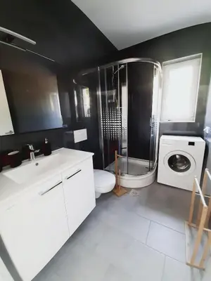 a bathroom with a shower toilet and a washing machine at Green Bee Apartment in Lesce