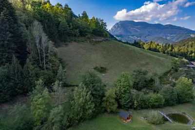 an aerial view of a house on a hill with trees at Glamping Logar in Luče