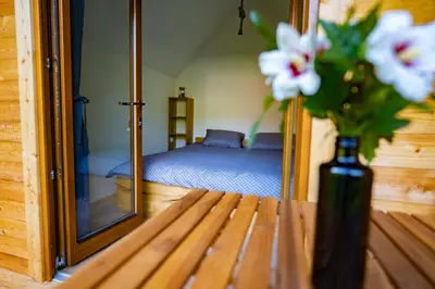 a bedroom with a mirror and a vase with flowers on a table at Glamping Logar in Luče