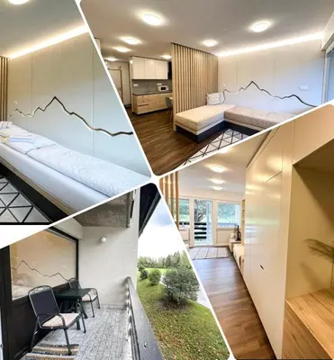 a collage of photos of a hotel room at Apartma Prisojnik Kranjska Gora in Kranjska Gora