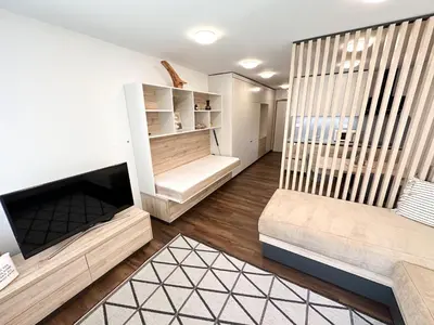 a living room with a couch and a fireplace at Apartma Prisojnik Kranjska Gora in Kranjska Gora