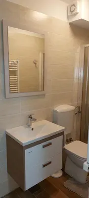 a bathroom with a sink and a toilet and a mirror at Mike's Rooms in Kobarid
