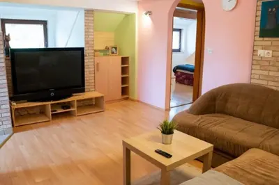 a living room with a couch and a flat screen tv at Apartma Ivano in Bohinj