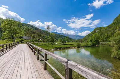 a wooden bridge over a river with mountains in the background at Domačija Log v Bohinju in Bohinjska Bistrica