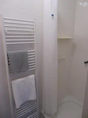 a bathroom with a shower with a towel rack at Peony in Rogaška Slatina