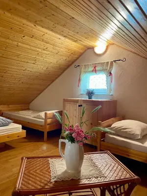 a room with two beds and a vase with flowers on a table at Cosy country home, Lendava in Lendava