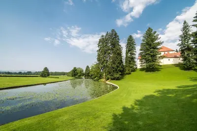 a river in a field with a house in the background at Grad Strmol in Cerklje na Gorenjskem