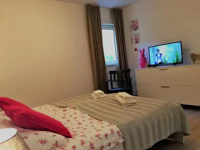 a bedroom with a bed and a dresser and a television at Effie Perine Apartments in Bled