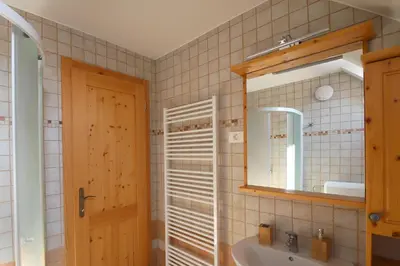 a bathroom with a sink and a mirror at Apartments pr' Špeli in Bohinj