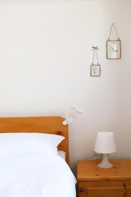 a bedroom with a bed and a lamp on a night stand at Apartments pr' Špeli in Bohinj