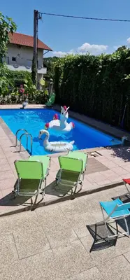 a swimming pool with two swans and two lawn chairs at APARTMAN MURKO P-3 in Brest