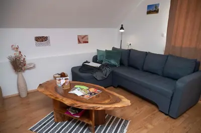 a living room with a blue couch and a table at Apartma ''Pri Movernu'' in Semič