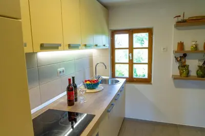 a kitchen with a sink and a counter with a window at Andy's Holiday Home with HotTub & Sauna in Podbočje