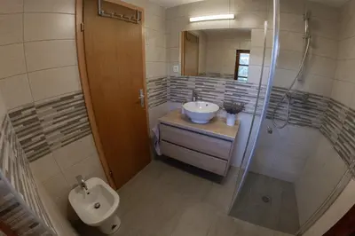 a bathroom with a sink and a toilet and a shower at Andy's Holiday Home with HotTub & Sauna in Podbočje