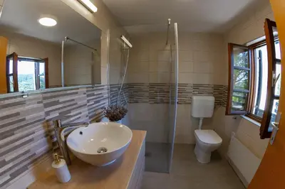 a bathroom with a sink and a toilet at Andy's Holiday Home with HotTub & Sauna in Podbočje