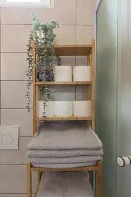 a towel shelf with plates and plants in a bathroom at Apartments Berni in Ljubljana