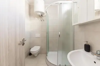a bathroom with a shower and a toilet and a sink at Apartments Berni in Ljubljana