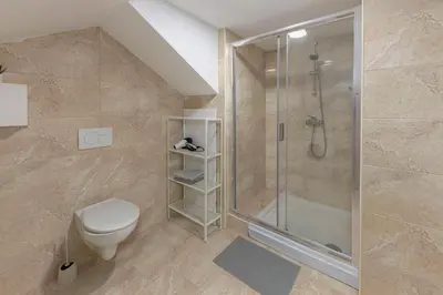 a bathroom with a shower and a toilet at Apartments Berni in Ljubljana