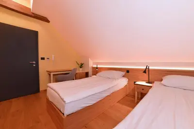 a bedroom with two beds and a desk with a chair at Guesthouse Les in Brežice