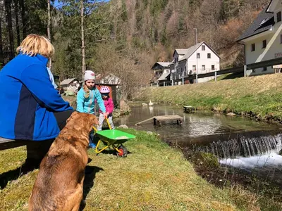 a woman and a girl and a dog and a river at Farmhouse Štiftar in Solčava