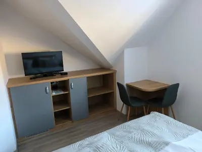 a bedroom with a bed and a desk with a television at Guesthouse Haler in Podčetrtek