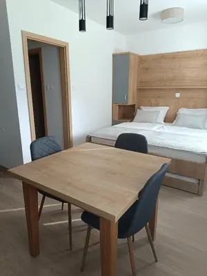 a bedroom with a bed and a wooden table and chairs at Guesthouse Haler in Podčetrtek
