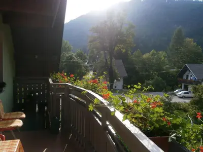 a balcony with flowers and a view of a mountain at Apartment Žvan in Bohinj