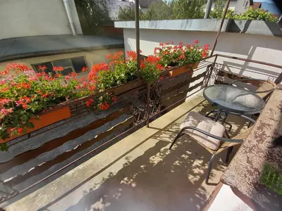 a patio with a chair and flowers on a balcony at Rooms Apartma Cerknica in Cerknica
