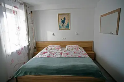a bedroom with a bed with a green comforter at Apartments Bernard in Bled