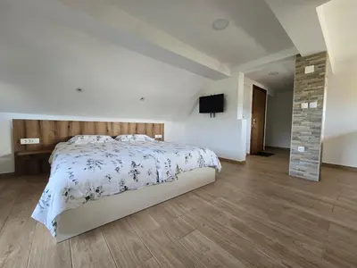 a bedroom with a bed and a tv on a wall at Apartments Bernard in Bled