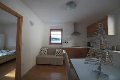 a kitchen and living room with a christmas tree on a table at Apartment Brina in Kranjska Gora