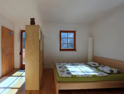 a bedroom with a bed and a cat sitting on a shelf at Apartment Brina in Kranjska Gora