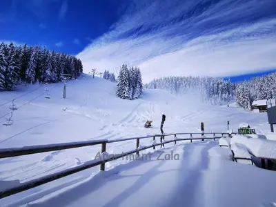a person is skiing down a snow covered ski slope at Apartma Zala, Golte in Mozirska Koča