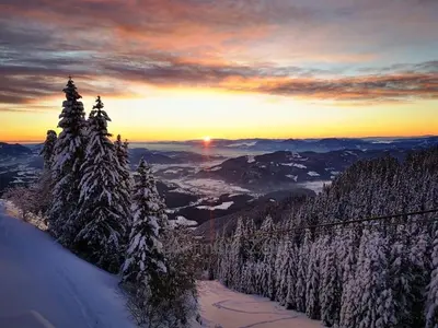a view of a mountain with snow covered trees at Apartma Zala, Golte in Mozirska Koča