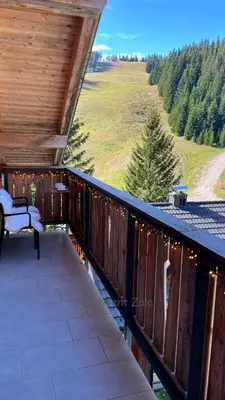 a wooden deck with a bench and a view of a field at Apartma Zala, Golte in Mozirska Koča
