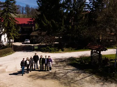 a group of people standing in a driveway at Farm Stay Frank Ozmec Wine and Glamping estate in Ljutomer