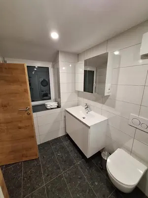 a white bathroom with a toilet and a sink at Prenočišča Kralj in Komenda