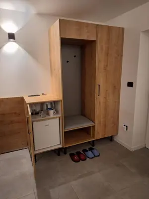 a room with a wooden cabinet and some shoes at Prenočišča Kralj in Komenda