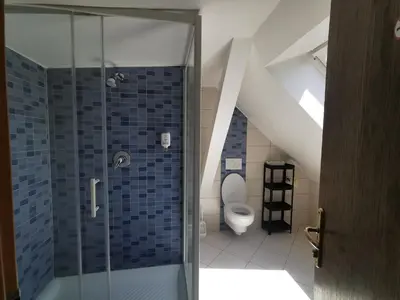 a bathroom with a toilet and a glass shower at Rooms Ambrožič in Ljubljana