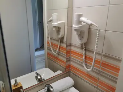 a bathroom with a toilet and a sink and a mirror at Rooms Ambrožič in Ljubljana
