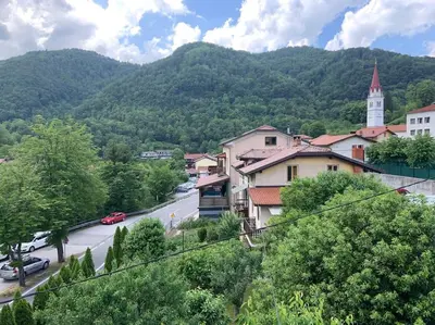 a view of a town with a mountain at 22 - The Old Workshop with fired wood hot tub in Tolmin