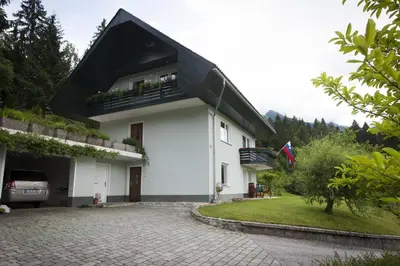 a white house with a black roof and a driveway at Home with views on Alps in Bohinj