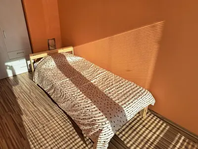 a bedroom with a bed with a blanket on it at Apartma Jaka in Ljubljana