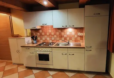 a kitchen with white cabinets and a sink and a stove at Apartments Oman in Kranjska Gora