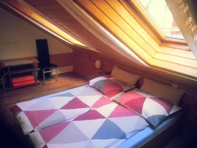 a attic room with a bed with a window at Apartments Oman in Kranjska Gora