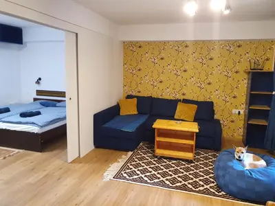a living room with a blue couch and a bed at M & M apartment Krvavec in Cerklje na Gorenjskem